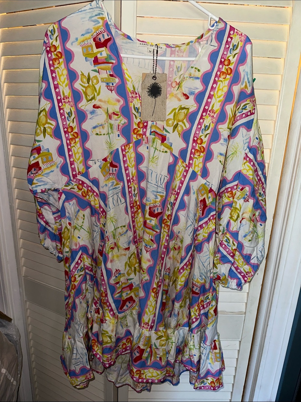 Printed White Multicolor V-Neck Mini Dress